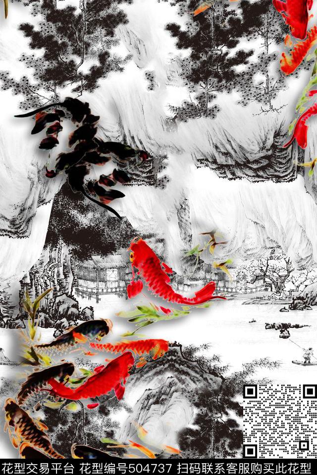 工笔山水水墨数码印花华亿平台下载（图片编号: 504737） - 瓦栏（Walan）