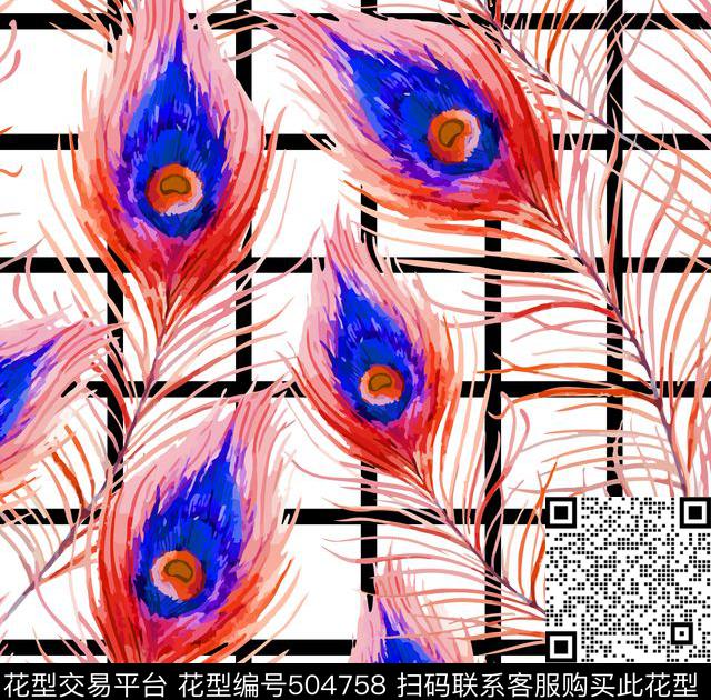 时尚格子孔雀水彩数码印花华亿平台下载（图片编号: 504758） - 瓦栏（Walan）