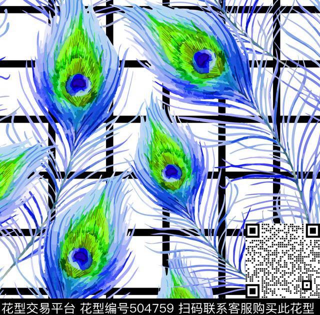 时尚格子孔雀水彩数码印花华亿平台下载（图片编号: 504759） - 瓦栏（Walan）