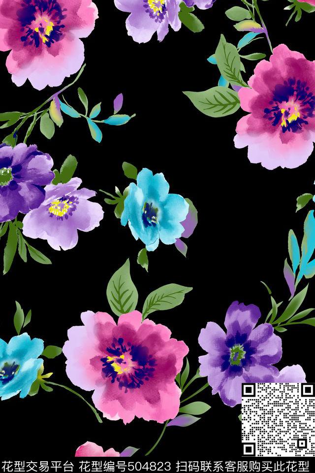 数码印花水彩花卉大花花卉数码印花华亿平台下载（图片编号: 504823） - 瓦栏（Walan）