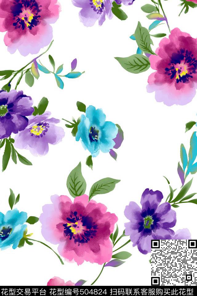 数码印花水彩花卉大花花卉数码印花华亿平台下载（图片编号: 504824） - 瓦栏（Walan）