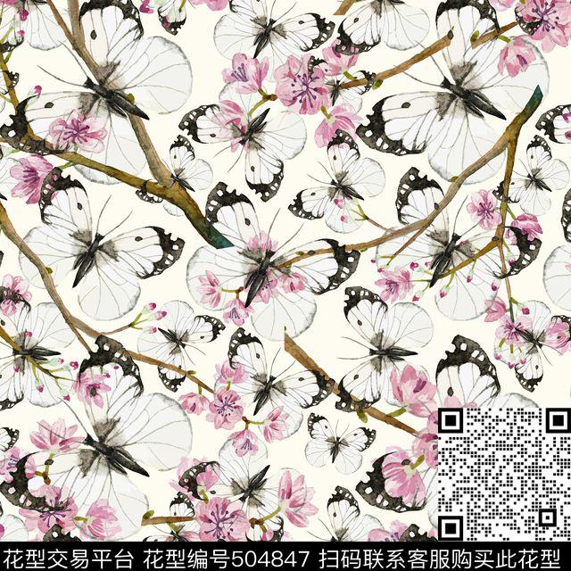 桃花枝蝴蝶植物数码印花华亿平台下载（图片编号: 504847） - 瓦栏（Walan）