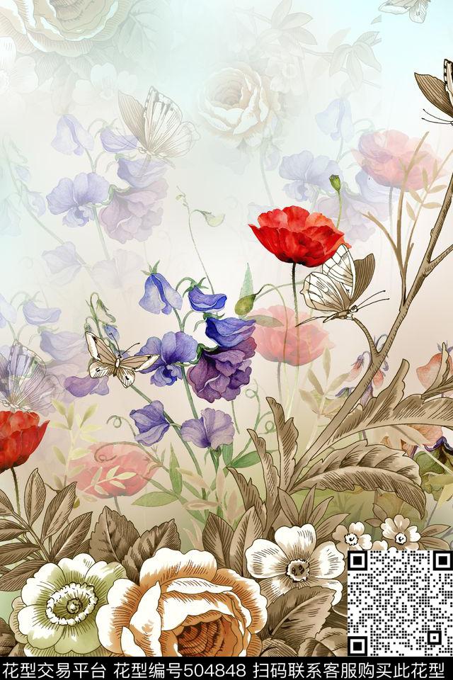 流行时尚复古蝴蝶数码印花华亿平台下载（图片编号: 504848） - 瓦栏（Walan）