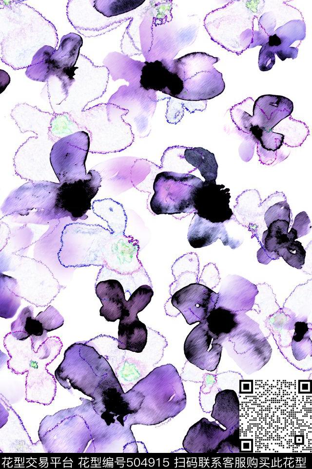 水彩花卉笔触数码印花华亿平台下载（图片编号: 504915） - 瓦栏（Walan）