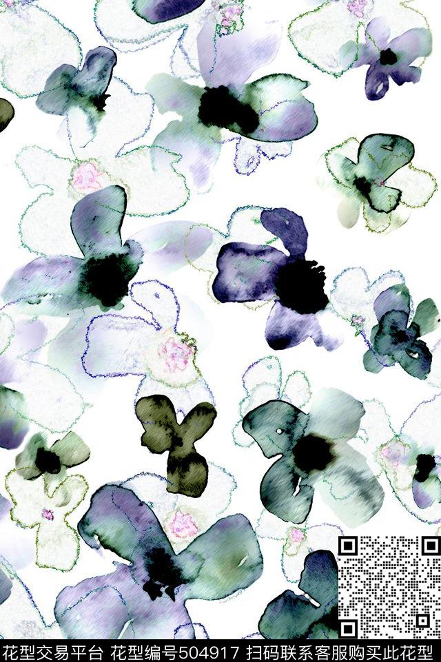 水彩花卉笔触数码印花华亿平台下载（图片编号: 504917） - 瓦栏（Walan）