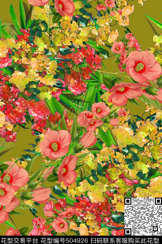 花卉花卉组加竹叶女装休闲印花数码印花华亿平台下载（图片编号: 504926） - 瓦栏（Walan）