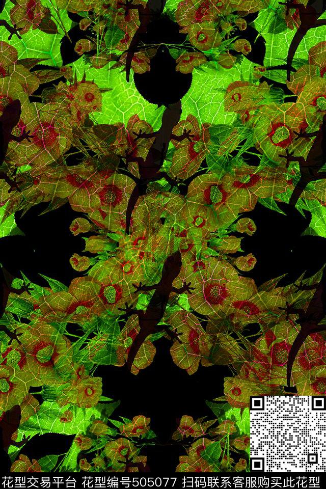 暗色花卉组复古风怀旧蜥蜴数码印花华亿平台下载（图片编号: 505077） - 瓦栏（Walan）