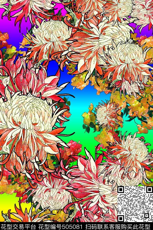 芙蓉花卉七彩背景中大花卉数码印花华亿平台下载（图片编号: 505081） - 瓦栏（Walan）
