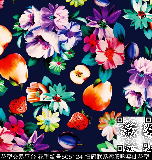 现代写意手绘花卉水果面料数码印花华亿平台下载（图片编号: 505124） - 瓦栏（Walan）