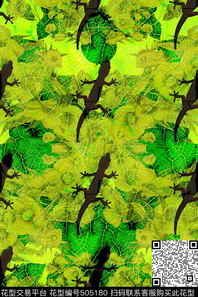 抽象画绿叶加滤色花卉蜥蜴数码印花华亿平台下载（图片编号: 505180） - 瓦栏（Walan）