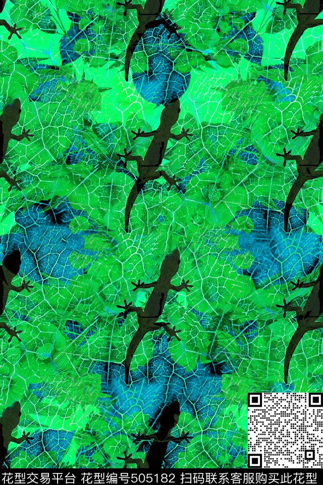 蜥蜴绿叶加滤色花卉抽象画数码印花华亿平台下载（图片编号: 505182） - 瓦栏（Walan）