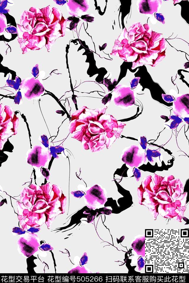 中国风水墨花卉数码印花华亿平台下载（图片编号: 505266） - 瓦栏（Walan）