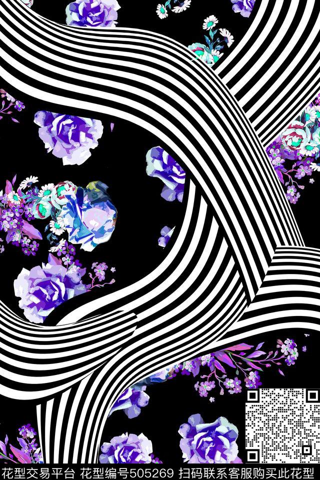 花卉条纹纯色底数码印花华亿平台下载（图片编号: 505269） - 瓦栏（Walan）