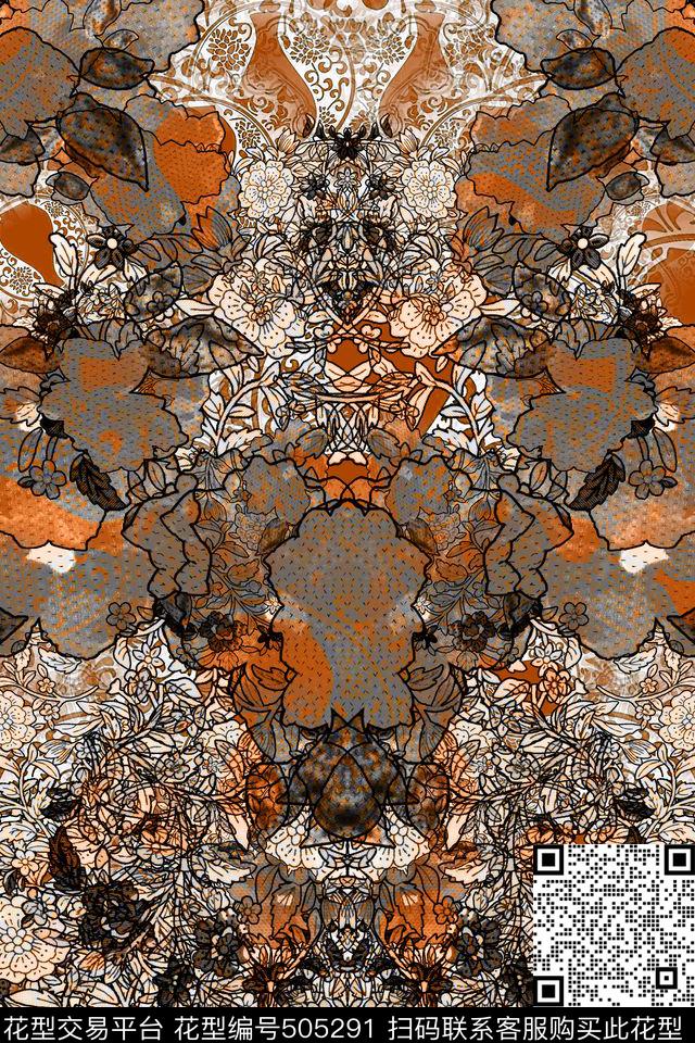 复古怀旧欧美宫廷风花卉组加青花瓷底数码印花华亿平台下载（图片编号: 505291） - 瓦栏（Walan）