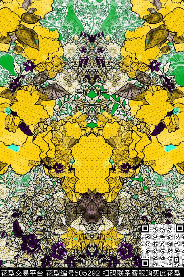 复古怀旧欧美宫廷风花卉组加青花瓷底数码印花华亿平台下载（图片编号: 505292） - 瓦栏（Walan）