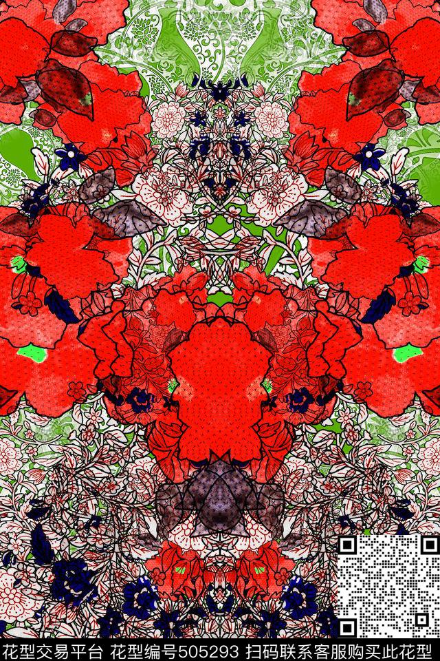 复古怀旧欧美宫廷风花卉组加青花瓷底数码印花华亿平台下载（图片编号: 505293） - 瓦栏（Walan）