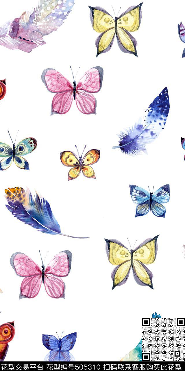 蝴蝶羽毛卡通数码印花华亿平台下载（图片编号: 505310） - 瓦栏（Walan）
