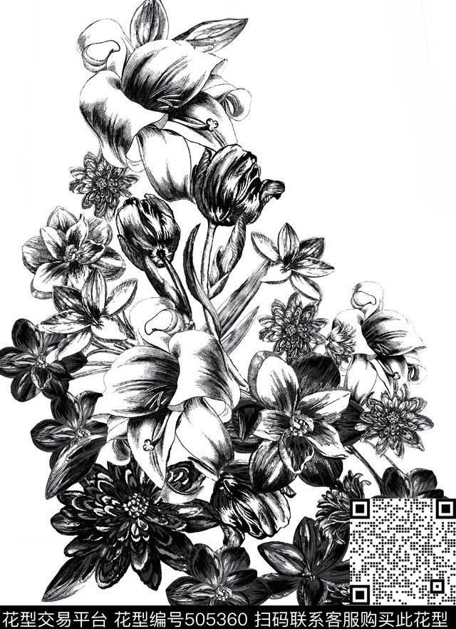 百合花束百合花开素描百合传统印花华亿平台下载（图片编号: 505360） - 瓦栏（Walan）