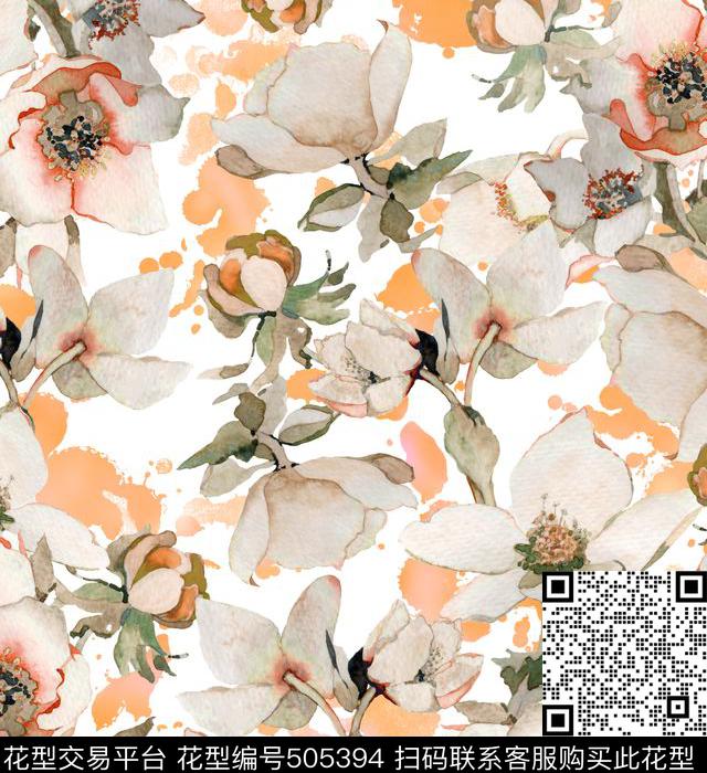 淡彩花卉清新数码印花华亿平台下载（图片编号: 505394） - 瓦栏（Walan）