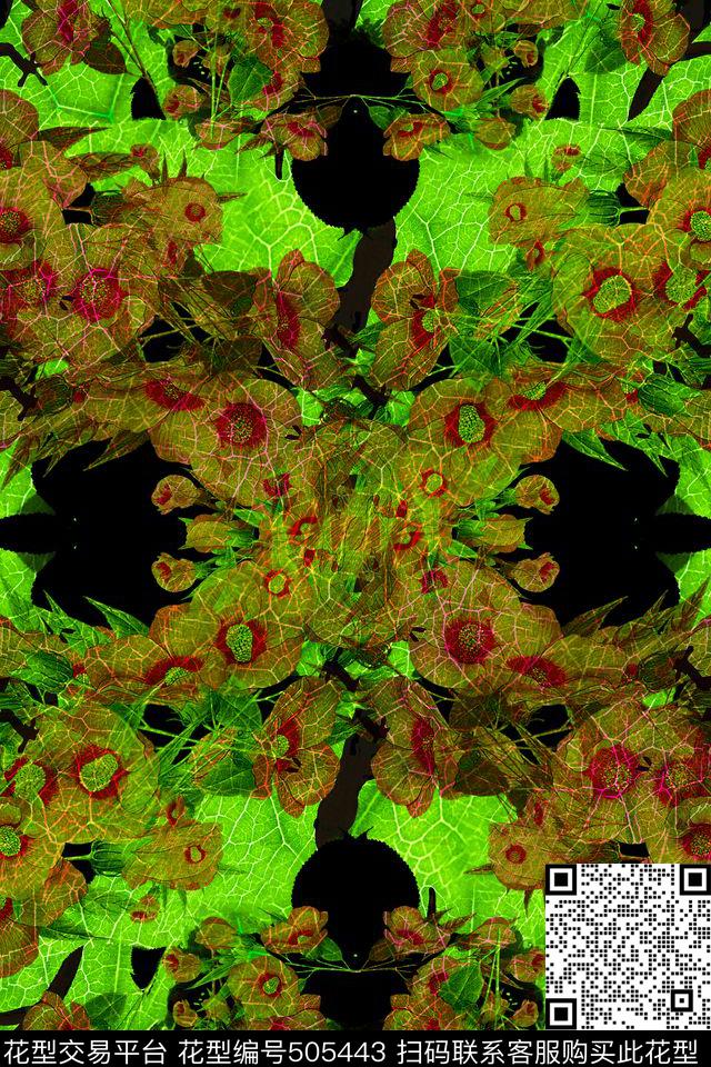 抽象花卉绿底欧美风数码印花华亿平台下载（图片编号: 505443） - 瓦栏（Walan）
