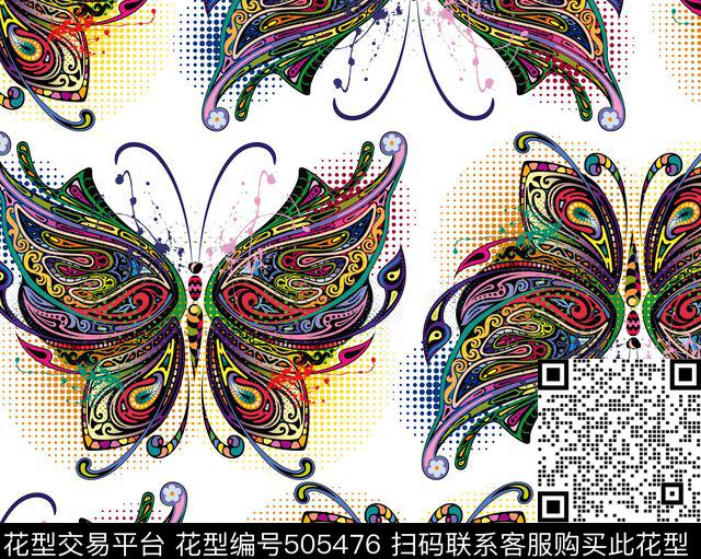 传统彩绘蝴蝶展翅小圆圈数码印花华亿平台下载（图片编号: 505476） - 瓦栏（Walan）