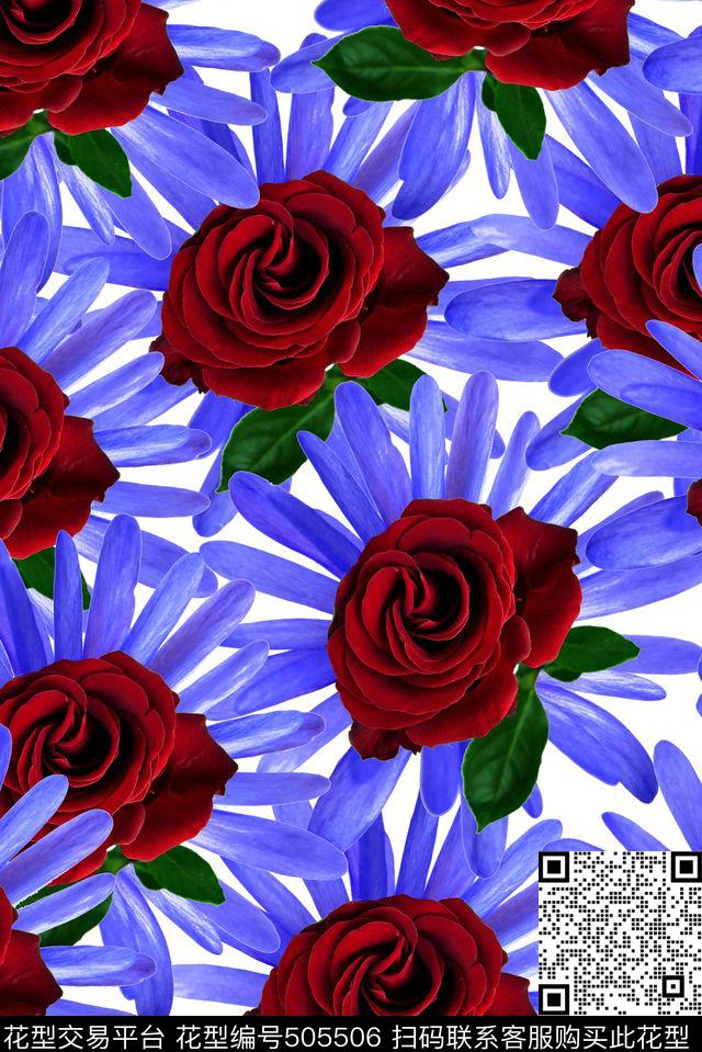 时尚玫瑰菊花数码印花华亿平台下载（图片编号: 505506） - 瓦栏（Walan）