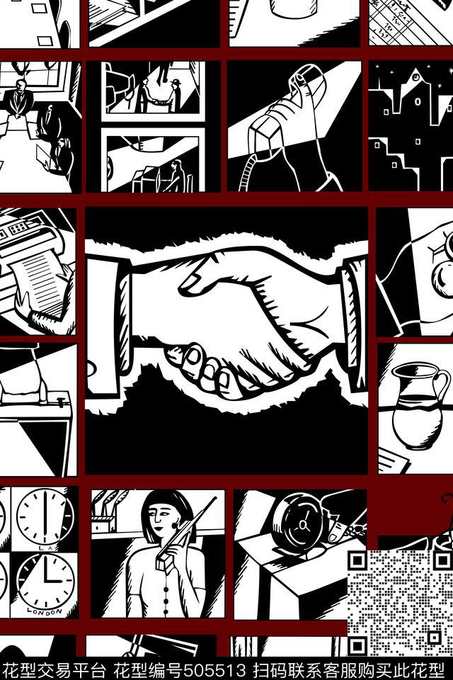 休闲时尚抽象几何复古漫画服装面料华亿平台传统印花华亿平台下载（图片编号: 505513） - 瓦栏（Walan）