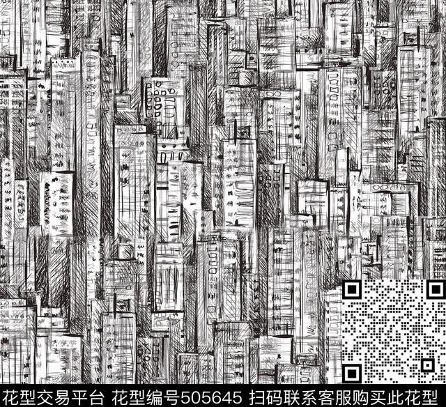 潮流时尚抽象手绘城市建筑传统印花华亿平台下载（图片编号: 505645） - 瓦栏（Walan）