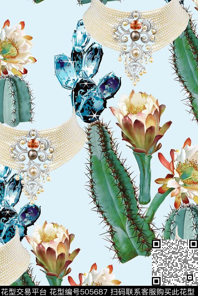 时尚风仙人掌花卉珠宝数码印花华亿平台下载（图片编号: 505687） - 瓦栏（Walan）