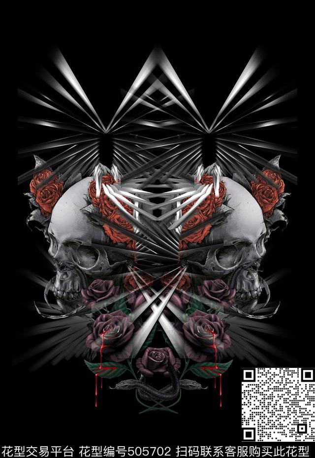 潮流时尚定位骷髅头花卉数码印花华亿平台下载（图片编号: 505702） - 瓦栏（Walan）