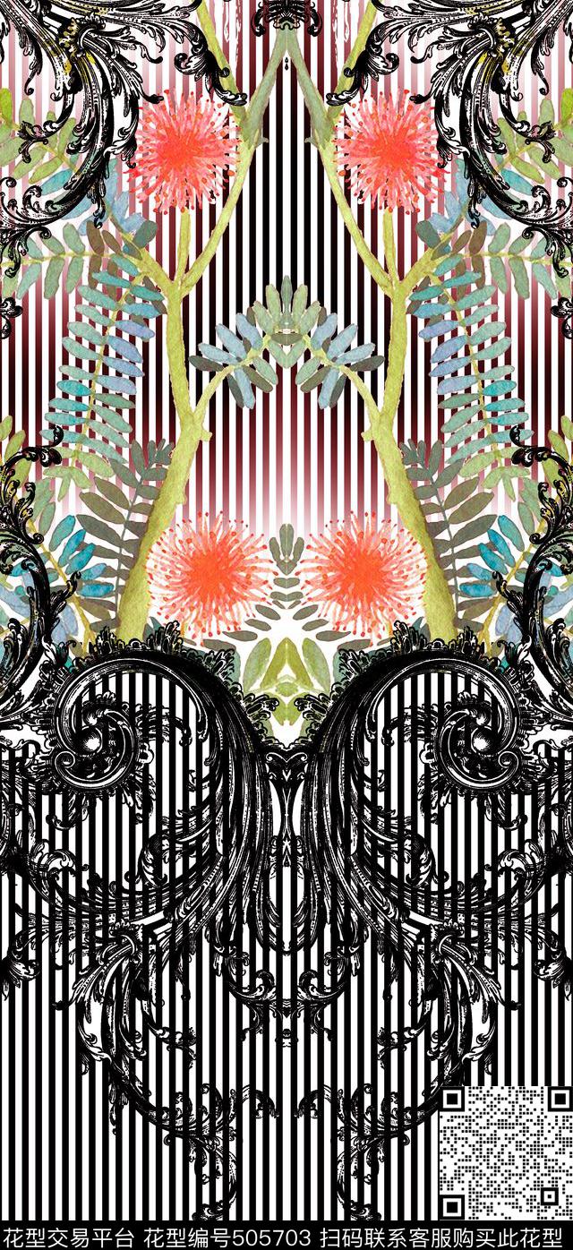 定位对称水彩数码印花华亿平台下载（图片编号: 505703） - 瓦栏（Walan）