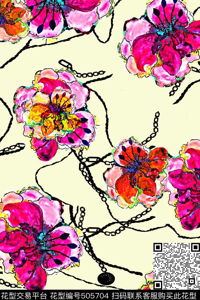 花卉手绘花链条数码印花华亿平台下载（图片编号: 505704） - 瓦栏（Walan）