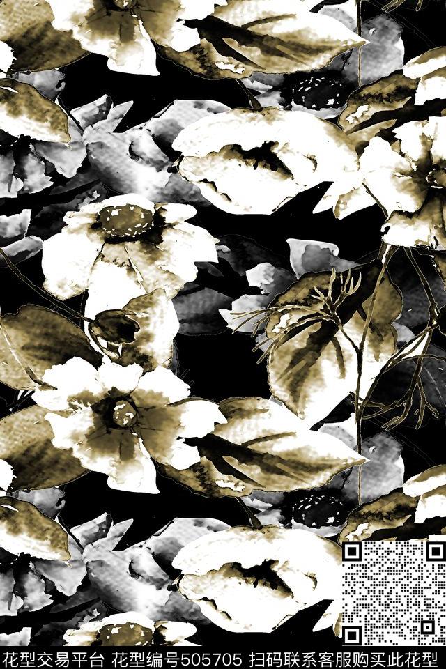 花卉手绘花卉黑白数码印花华亿平台下载（图片编号: 505705） - 瓦栏（Walan）