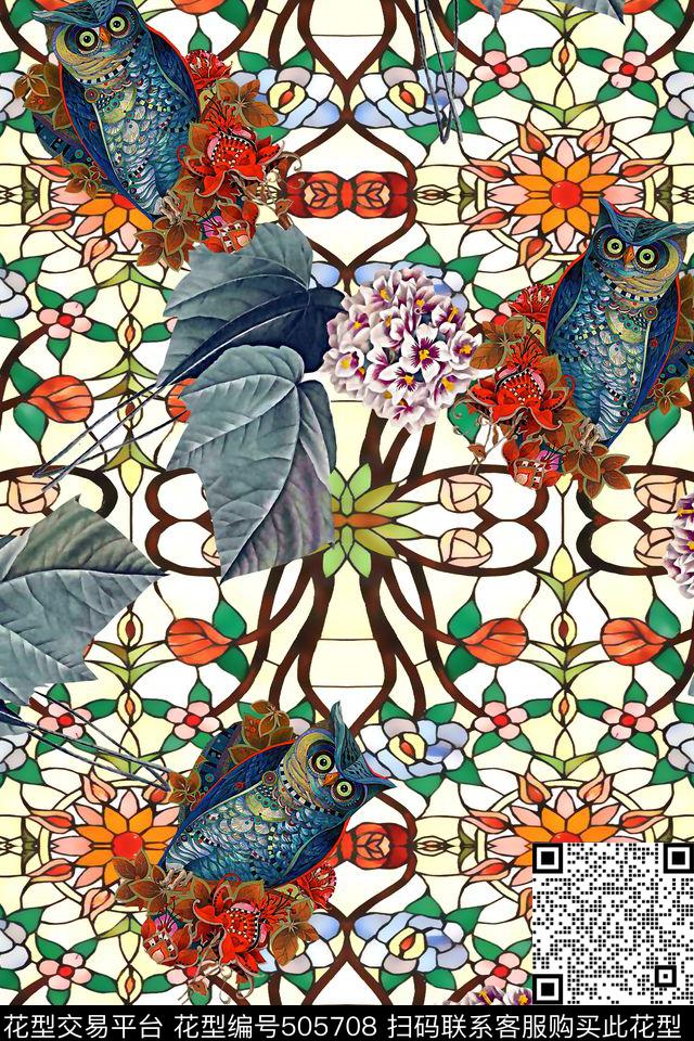 数码几何花卉猫头鹰数码印花华亿平台下载（图片编号: 505708） - 瓦栏（Walan）