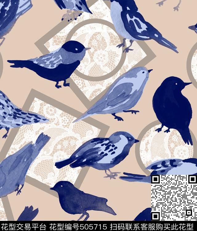 手绘复古蓝鸟蕾丝纹路框条数码印花华亿平台下载（图片编号: 505715） - 瓦栏（Walan）