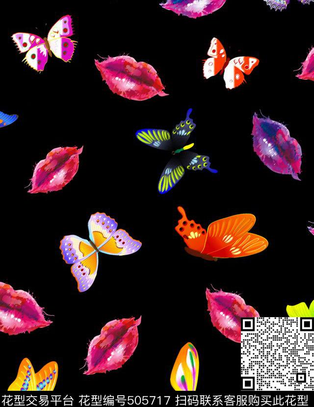 潮流时尚红唇蝴蝶数码印花华亿平台下载（图片编号: 505717） - 瓦栏（Walan）