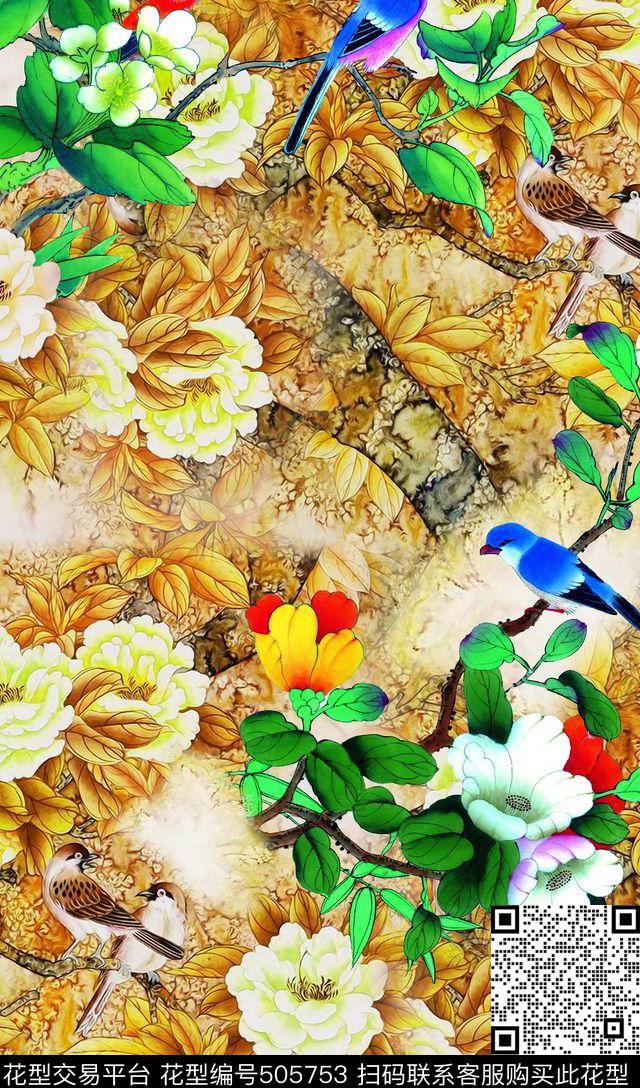 工笔画中国风花鸟画数码印花华亿平台下载（图片编号: 505753） - 瓦栏（Walan）