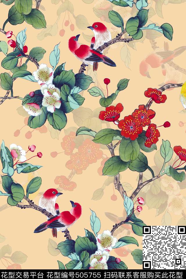 工笔画花鸟画中国风数码印花华亿平台下载（图片编号: 505755） - 瓦栏（Walan）