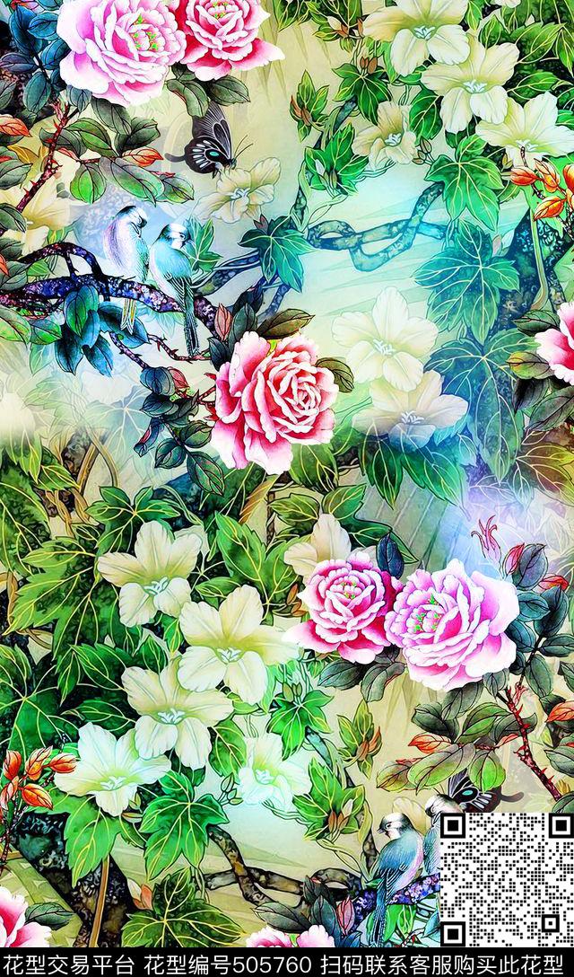 工笔画中国风玫瑰花数码印花华亿平台下载（图片编号: 505760） - 瓦栏（Walan）