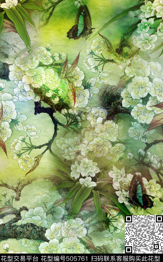 工笔画蝴蝶花鸟画数码印花华亿平台下载（图片编号: 505761） - 瓦栏（Walan）