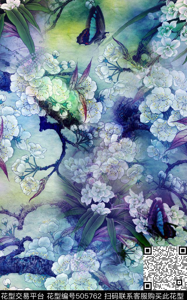 工笔画蝴蝶花鸟画数码印花华亿平台下载（图片编号: 505762） - 瓦栏（Walan）