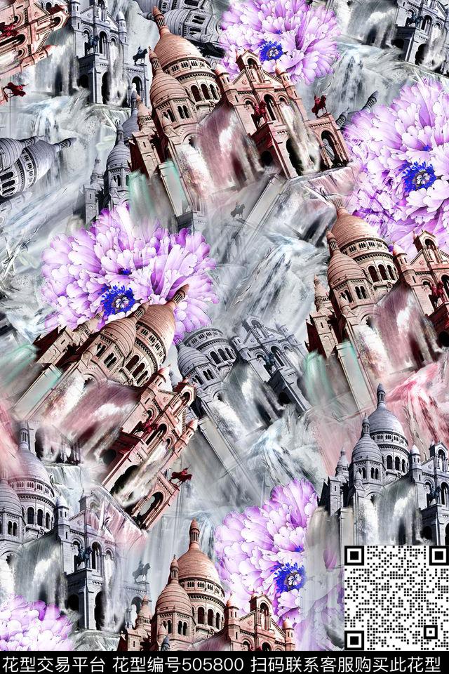 花卉潮流时尚大牌手绘建筑解构数码印花华亿平台下载（图片编号: 505800） - 瓦栏（Walan）