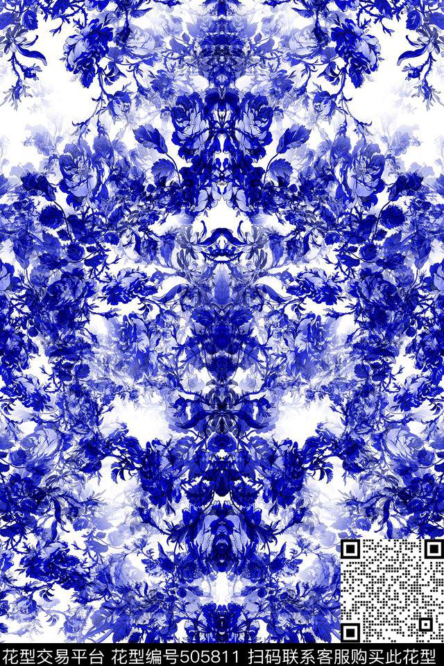 鸟语花香青花瓷中国风数码印花华亿平台下载（图片编号: 505811） - 瓦栏（Walan）