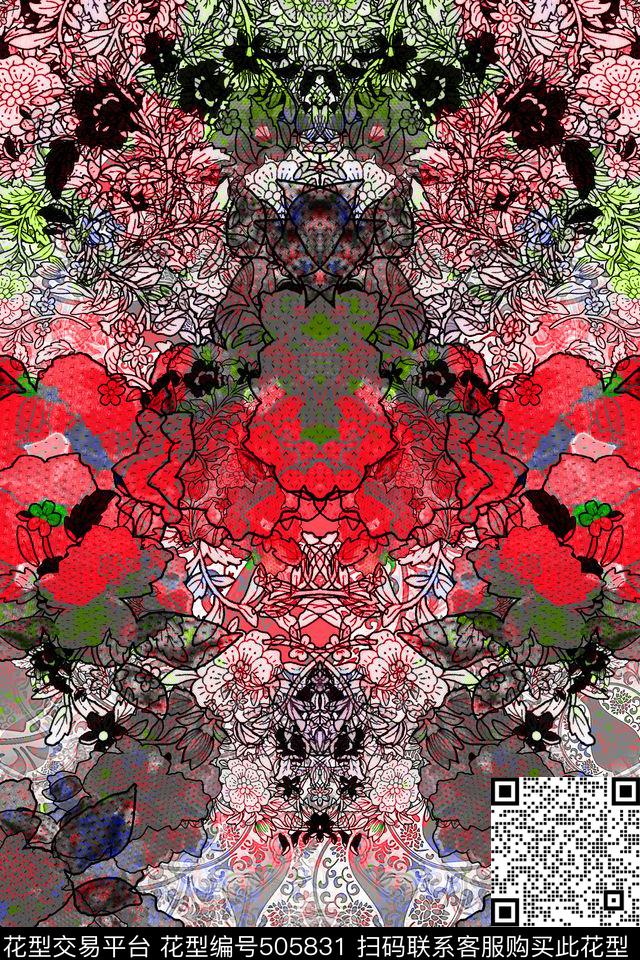抽象魔幻色块肌理复古风暖色调花卉组数码印花华亿平台下载（图片编号: 505831） - 瓦栏（Walan）