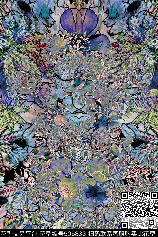 抽象魔幻色块肌理民族风花卉七彩暖色调花卉组数码印花华亿平台下载（图片编号: 505833） - 瓦栏（Walan）