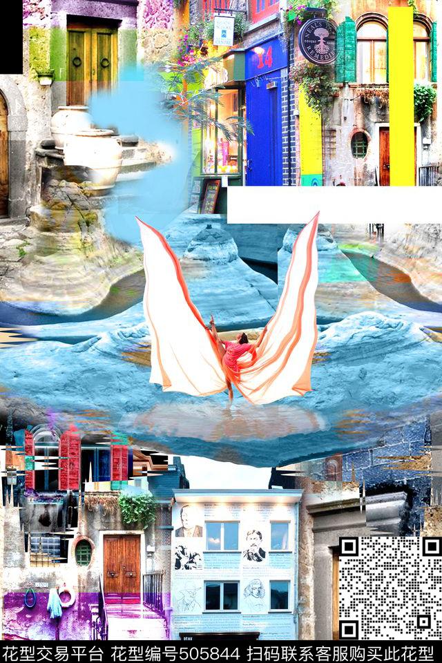 风景照小镇舞女数码印花华亿平台下载（图片编号: 505844） - 瓦栏（Walan）