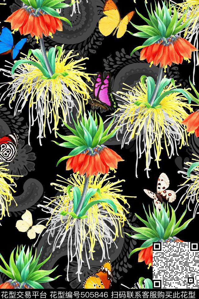花卉蝴蝶底纹数码印花华亿平台下载（图片编号: 505846） - 瓦栏（Walan）