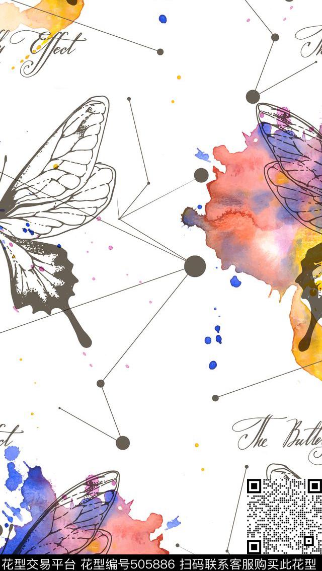 抽象彩绘蝴蝶圆点数码印花华亿平台下载（图片编号: 505886） - 瓦栏（Walan）