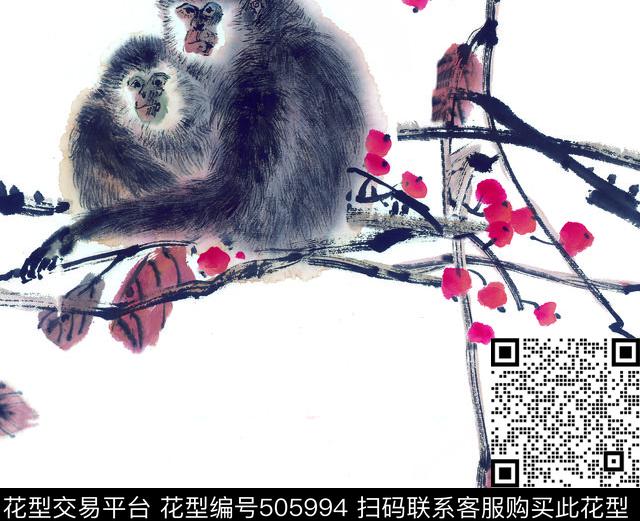 中国传统水墨猴子树木数码印花华亿平台下载（图片编号: 505994） - 瓦栏（Walan）