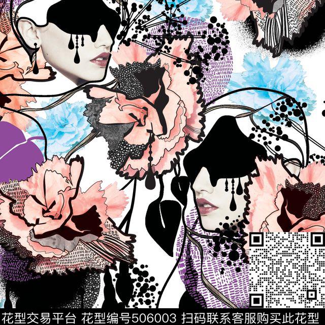 女装潮流时尚大牌手绘人物数码印花华亿平台下载（图片编号: 506003） - 瓦栏（Walan）